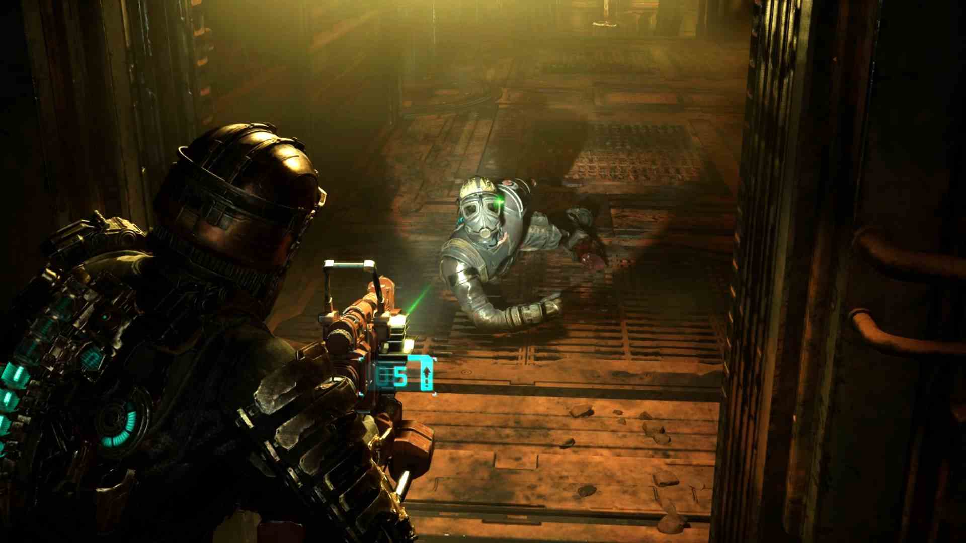 Les meilleurs paramètres de Dead Space : Isaac pointant son arme sur un soldat rampant 