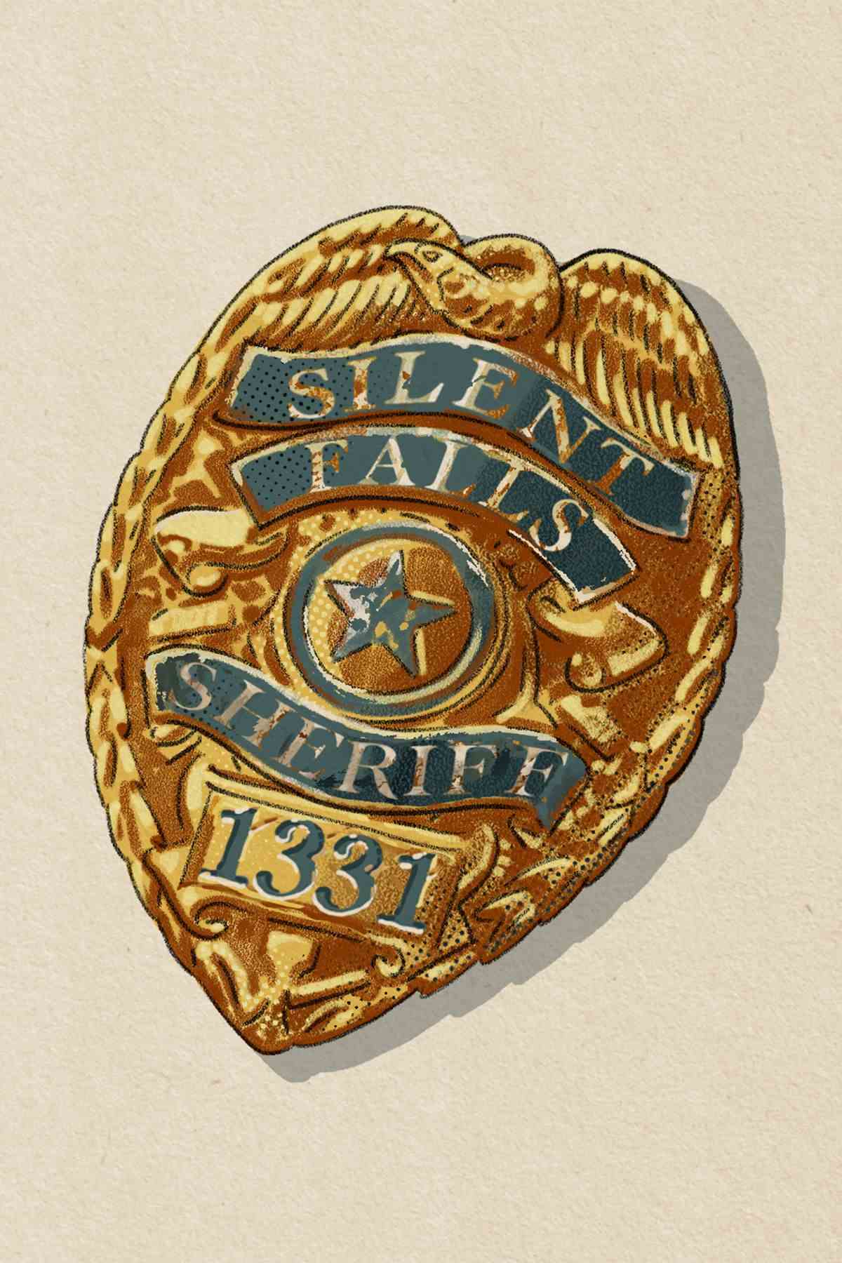 Un insigne du département du shérif de Silent Falls, numéro 1221. Or avec une étoile au milieu.