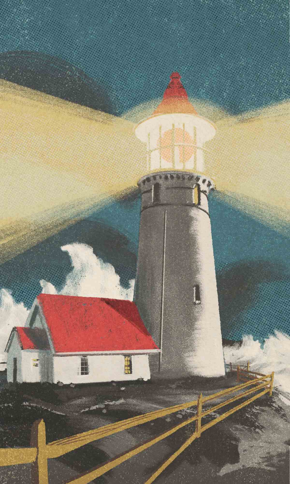 Une image d'un phare sur une falaise, les vagues se précipitant. La lumière elle-même est surdimensionnée et exagérée, avec un faisceau qui jaillit de gauche à droite.  Le toit est rouge et le ciel est bleu gris.