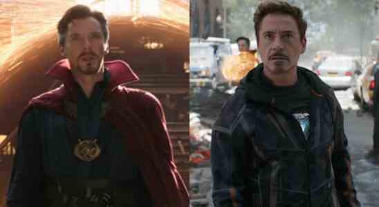 From left to right: Benedict Cumberbatch as Doctor Strange and Robert Downey Jr. as Iron Man
