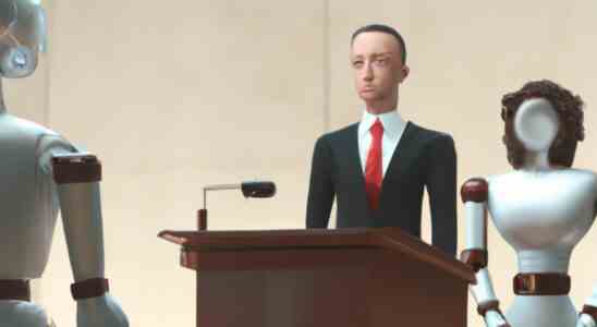 Dall E impression of what a robot lawyer would look like in court.