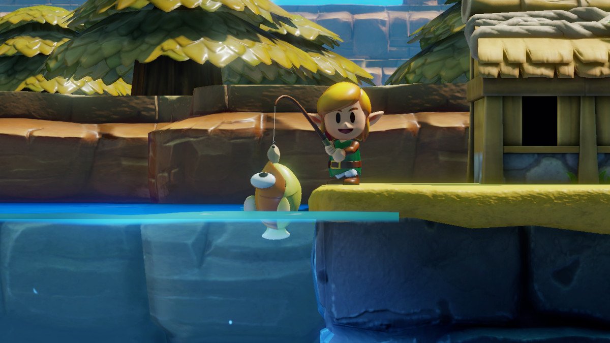 Une capture d'écran Switch de Link's Awakening.  Link regarde la caméra, très content du poisson qu'il a pêché.