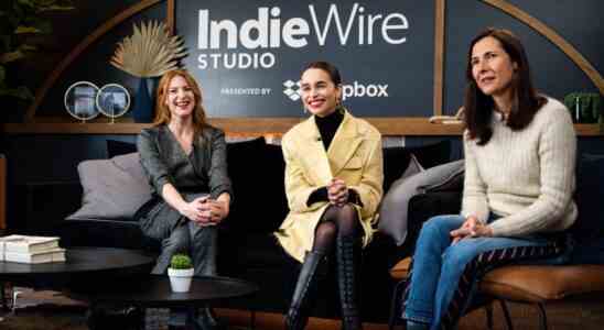 Rosalie Craig, Emilia Clarke and Sophie Barthes at the IndieWire Sundance Studio, Presented by Dropbox on January 20, 2023 in Park City, Utah.