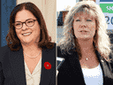 Alors que Heather Stefanson, à gauche, a été assermentée mardi comme première ministre du Manitoba, son adversaire dans la récente course à la chefferie progressiste-conservatrice, Shelly Glover, conteste les résultats devant les tribunaux.