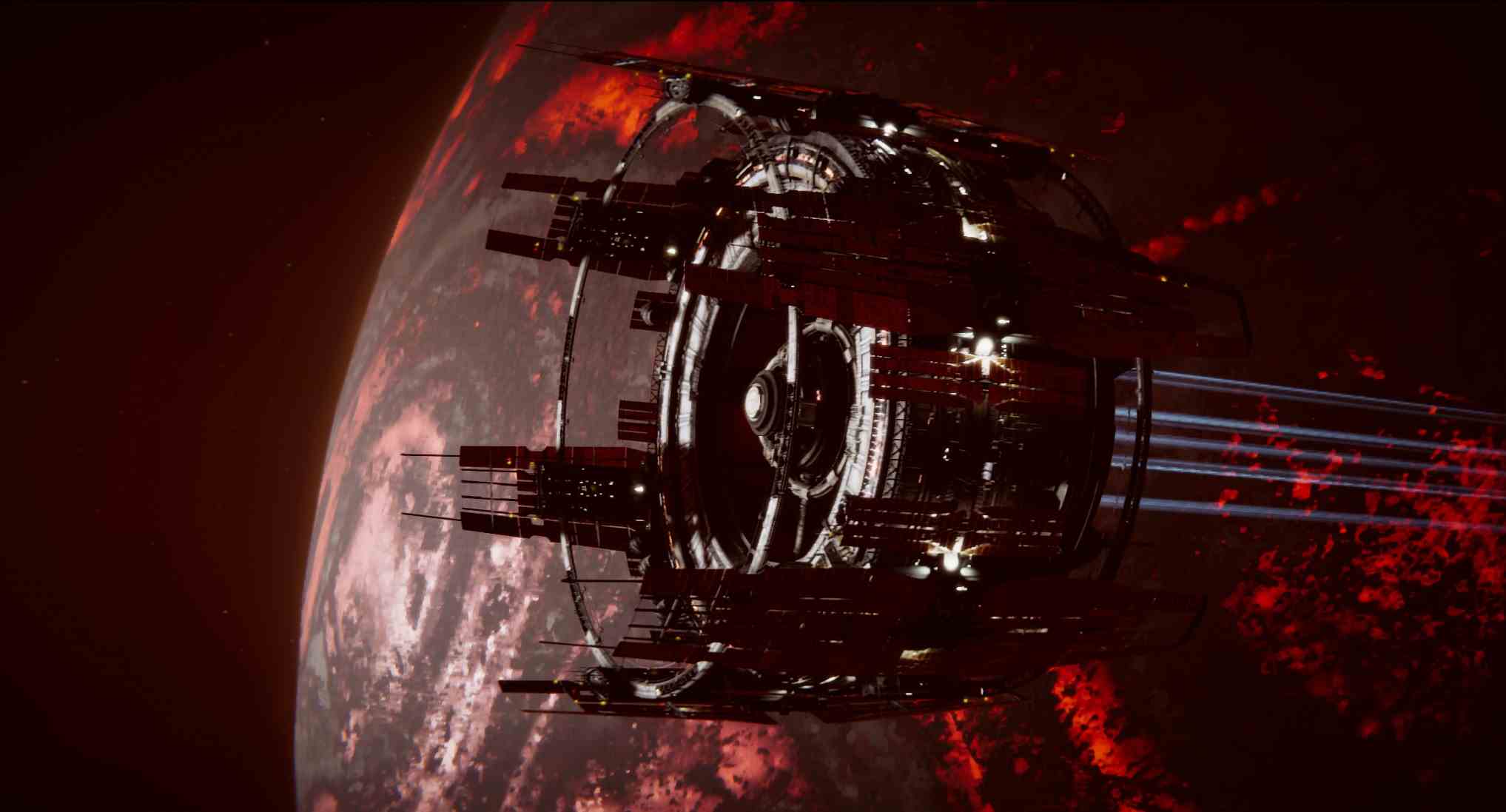 La station spatiale d'Ixion baignée d'une lueur rouge inquiétante
