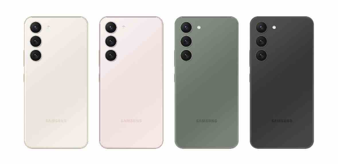 Image de rendus du Samsung Galaxy S23 en quatre couleurs différentes