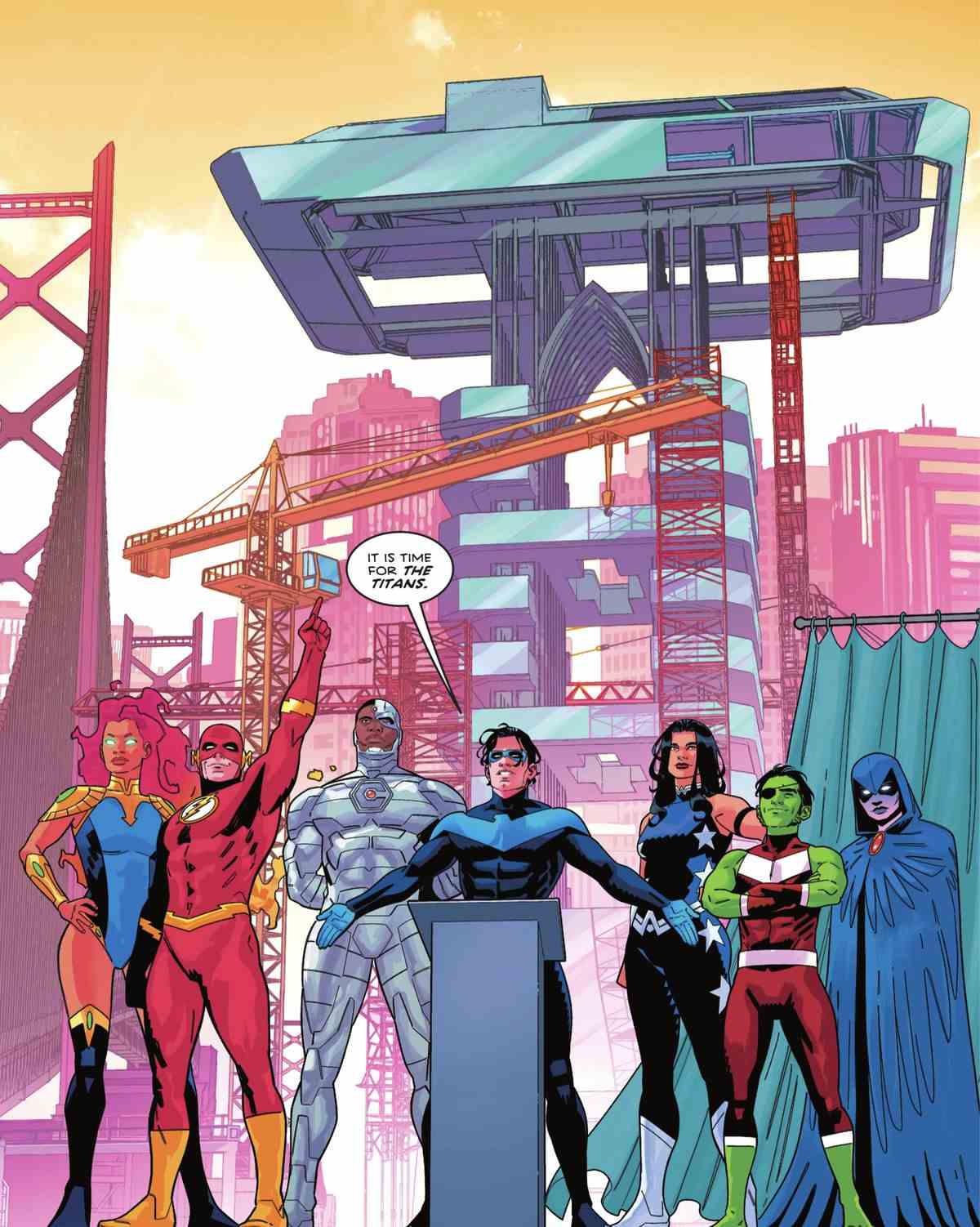 Nightwing se tient aux côtés des Teen Titans devant leur quartier général en construction, annonçant que les Teen Titans convertissent la prison la plus notoire de Blüdhaven en leur nouveau quartier général dans Nightwing # 100 (2023). 