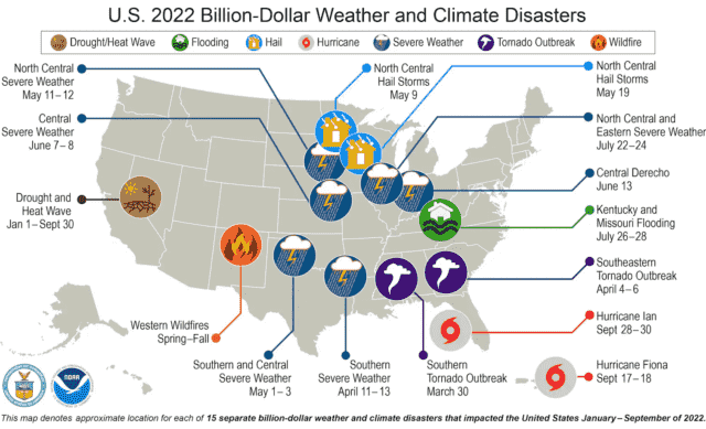 Fin septembre 2022, les États-Unis avaient été frappés par 15 catastrophes climatiques et météorologiques coûtant plus d'un milliard de dollars chacune. La carte montre les catastrophes de janvier à septembre. 