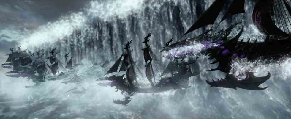 A fleet of ships are caught in a gigantic wave