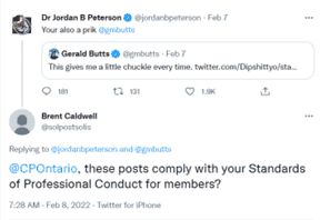Tweet où Jordan Peterson insulte Gerry Butts.