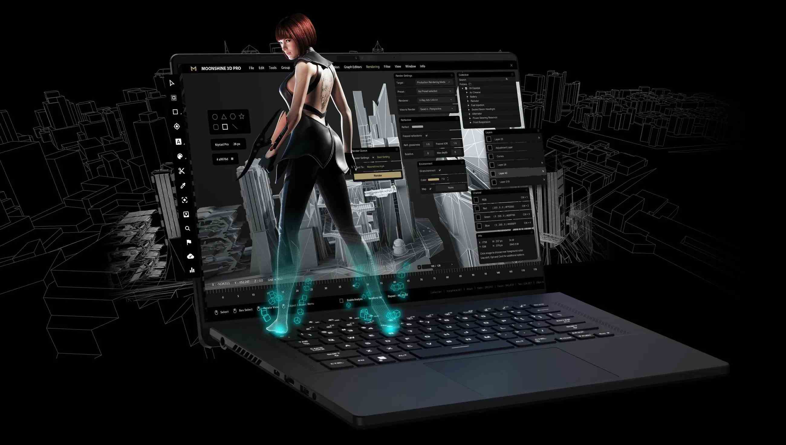 Un ordinateur portable de jeu Asus avec une femme cyberpunk stylisée debout dessus.