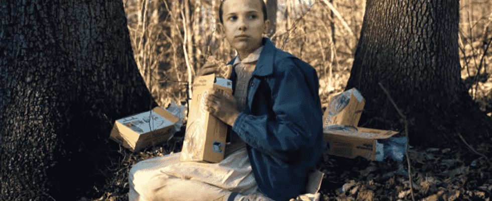 millie bobby brown as eleven eating waffles in the woods