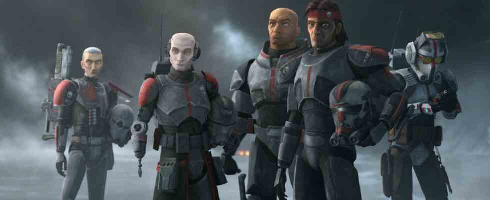 L-R): Crosshair, Echo, Wrecker, Hunter and Tech in a scene from "STAR WARS: THE BAD BATCH", exclusively on Disney+.