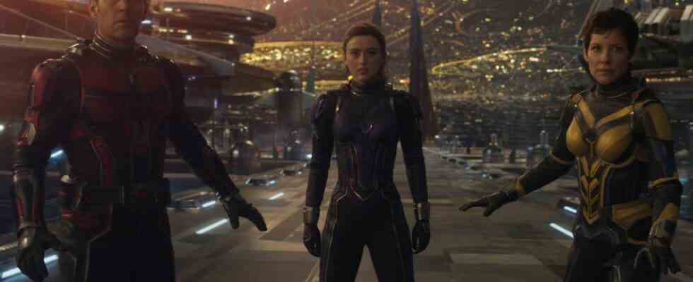 Paul Rudd, Kathryn Newton and Evangeline Lily in Ant-Man and the Wasp: Quantumania