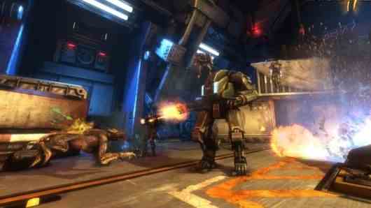 A mech-suited warrior battles a horde of aliens in Natural Selection 2.