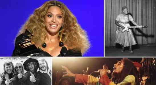 Beyonce (Top L); Sister Rosetta Tharpe (Top R); ABBA (Bottom L); Bob Marley (Bottom R)