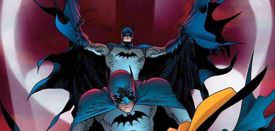 Batman (Bruce Wayne) et Batman (Dick Grayson) sautent dans les airs sur la couverture de Batman &  Robin #16 (2011). 