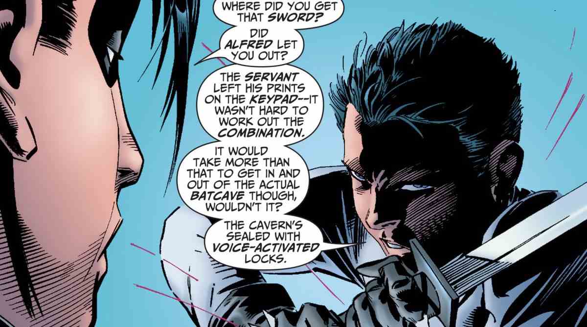 Damian Wayne brandit une épée à un Tim Drake/Robin surpris, qui demande « Où as-tu trouvé cette épée ?  Alfred vous a-t-il laissé sortir ?  