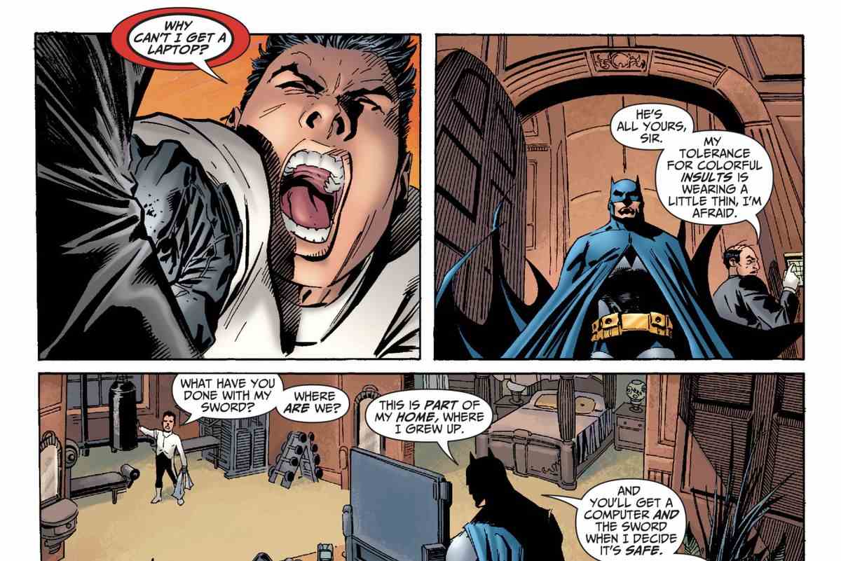 « Pourquoi ne puis-je pas avoir d'ordinateur portable ? »  Damian fait rage au Wayne Manor, dans une pièce pleine de jeux vidéo et d'équipement d'haltérophilie.  « Qu'as-tu fait de mon épée ?  