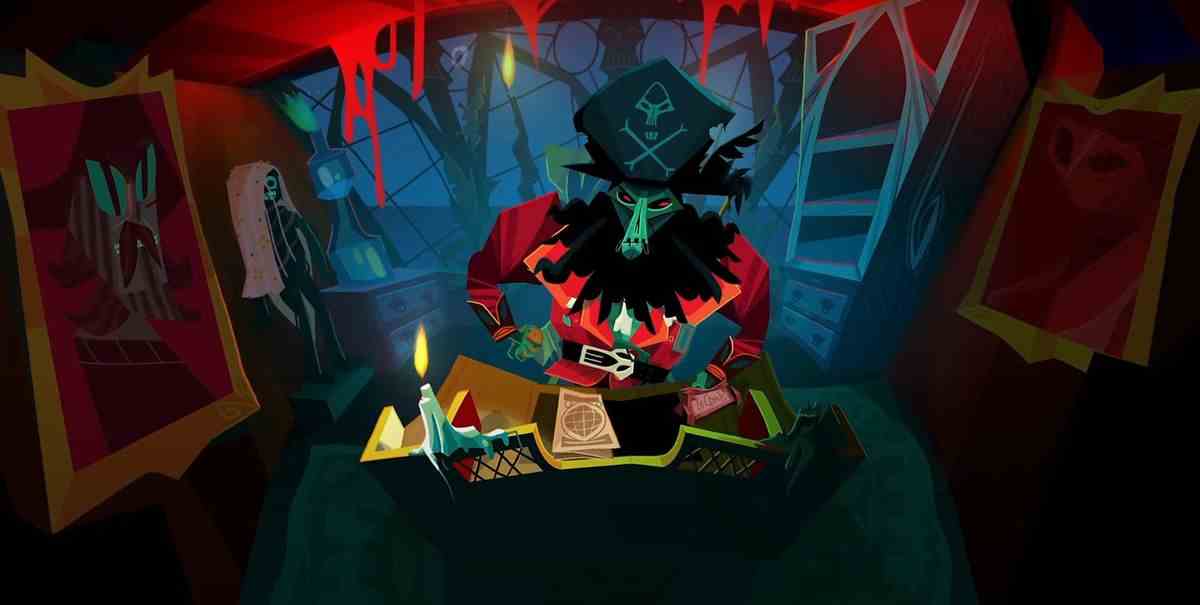 LeChuck de Return to Monkey Island lisant une carte.  Il est habillé comme un pirate et vous pouvez voir son bureau éclairé par une bougie pendant qu'il écrit. 