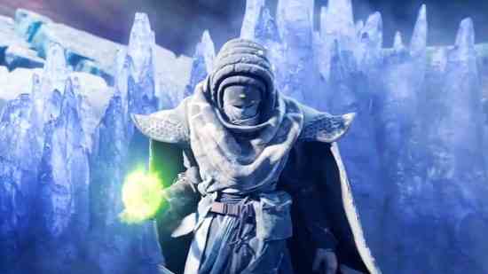 Destiny 2 - Eris Morn, une silhouette masquée et encapuchonnée tenant une boule d'énergie verte