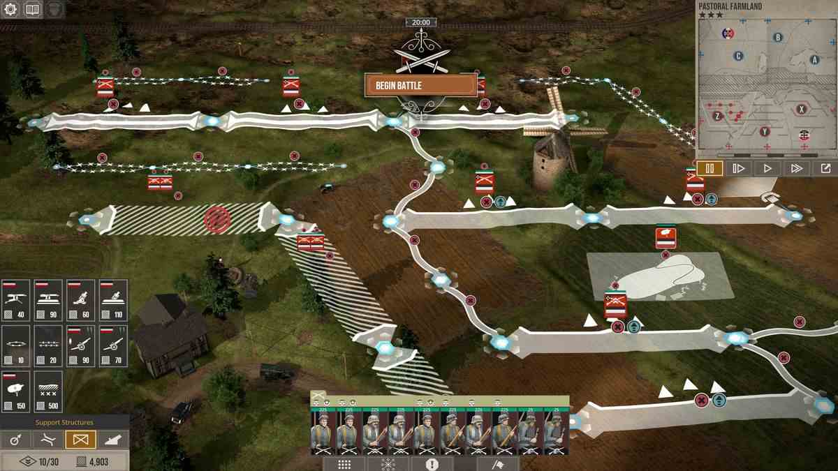 La phase de pré-combat dans The Great War: Western Front, dans laquelle le joueur peut disposer des réseaux de tranchées, des nids de mitrailleuses et des batteries d'artillerie