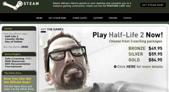 Image of Steam Homepage circa May 2005 with squashed, crowded web design, prominent image of Gordon Freeman struggling with a tentacle around his neck, adverts for Condition Zero and the HL2 art book, and other artifacts of the era.