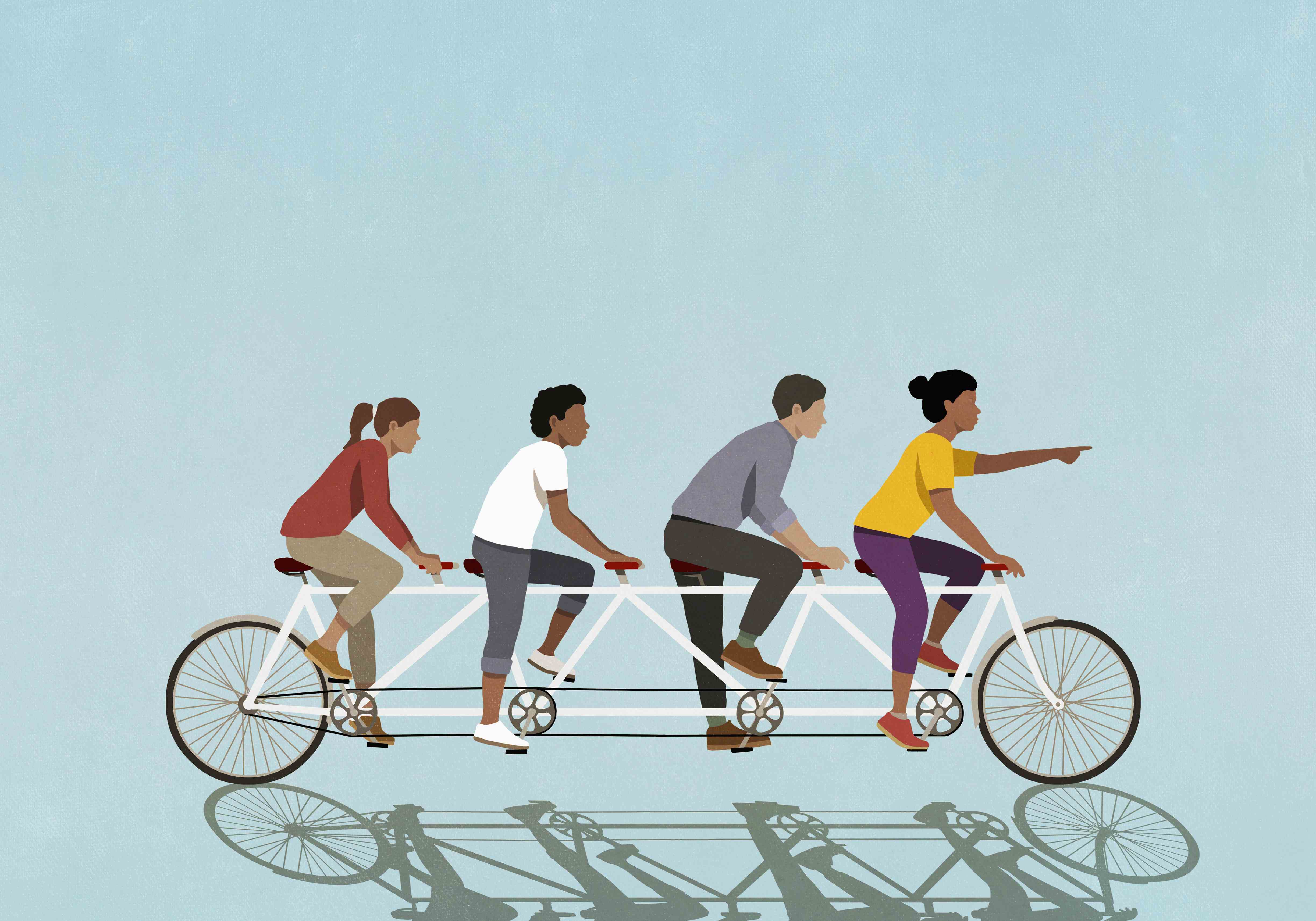 Illustration d'amis faisant du vélo tandem sur fond bleu.