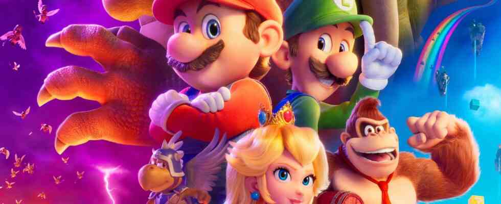 The Super Mario Bros. Movie official poster ensemble cast Mario Luigi Donkey Kong Peach Toad Bowser