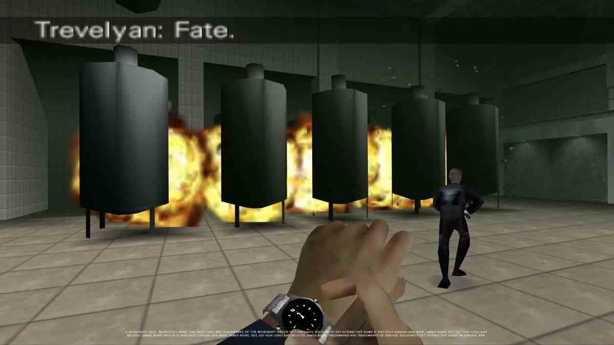 James Bond active des explosifs sur les réservoirs d'essence de la mission Facility dans GoldenEye 007
