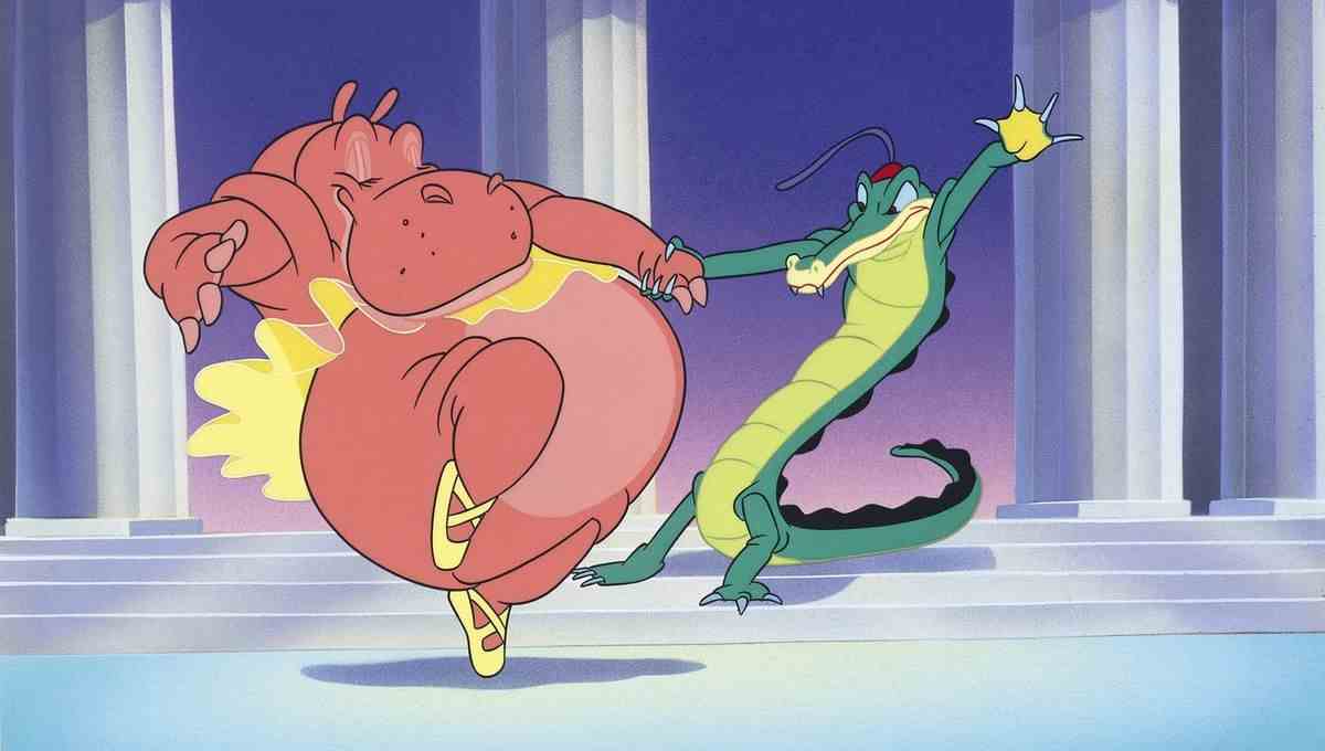Un hippopotame animé dans un tutu et des ballerines un alligator dans un bonnet rouge avec une longue danse de plumes ensemble dans un segment animé de Disney's Fantasia