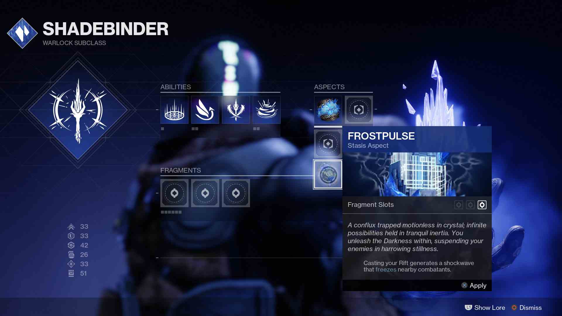 Destiny 2 Beyond Lights Frostpulse Stasis Aspect pour les démonistes