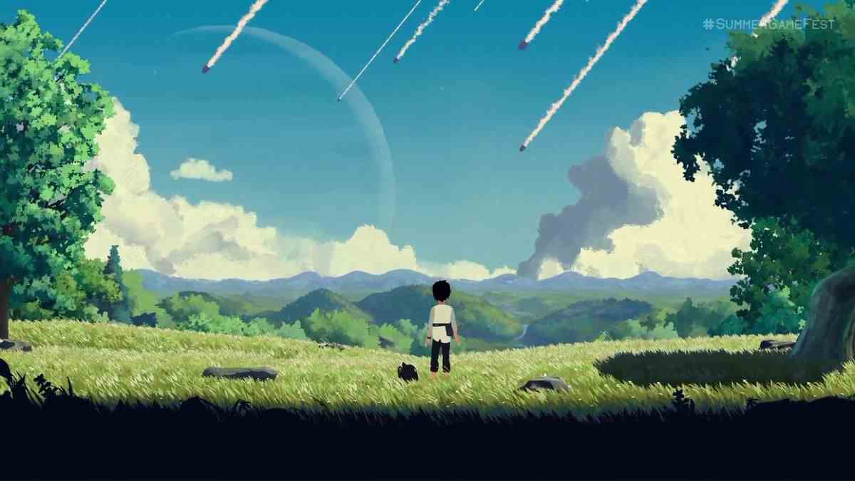 art pour Planet of Lana dans un style pictural, avec un enfant regardant un ciel avec des missiles 