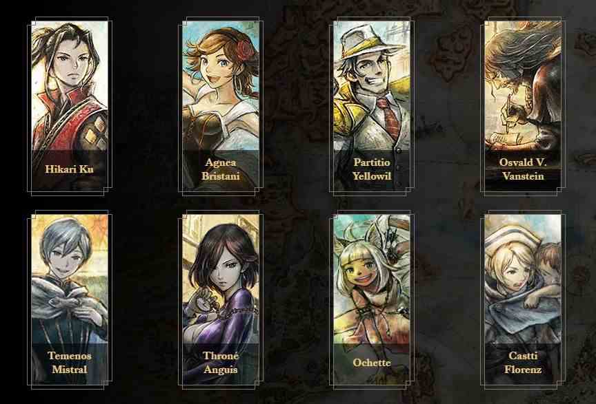 Les personnages d'Octopath Traveler 2 alignés sur un écran sélectionné