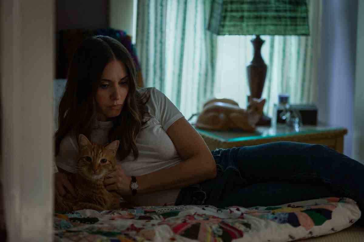 Alison Brie câline un chat sur un lit tout en ayant l'air pensif dans Somebody I Used to Know.