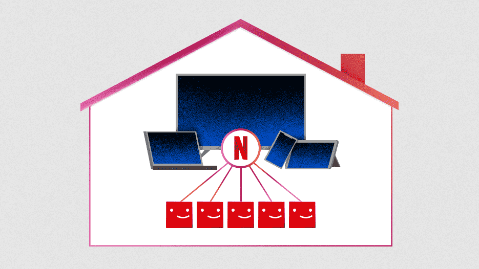 Cinq visages rouges assis dans une même maison avec des lignes les reliant à Netflix sur tous leurs appareils