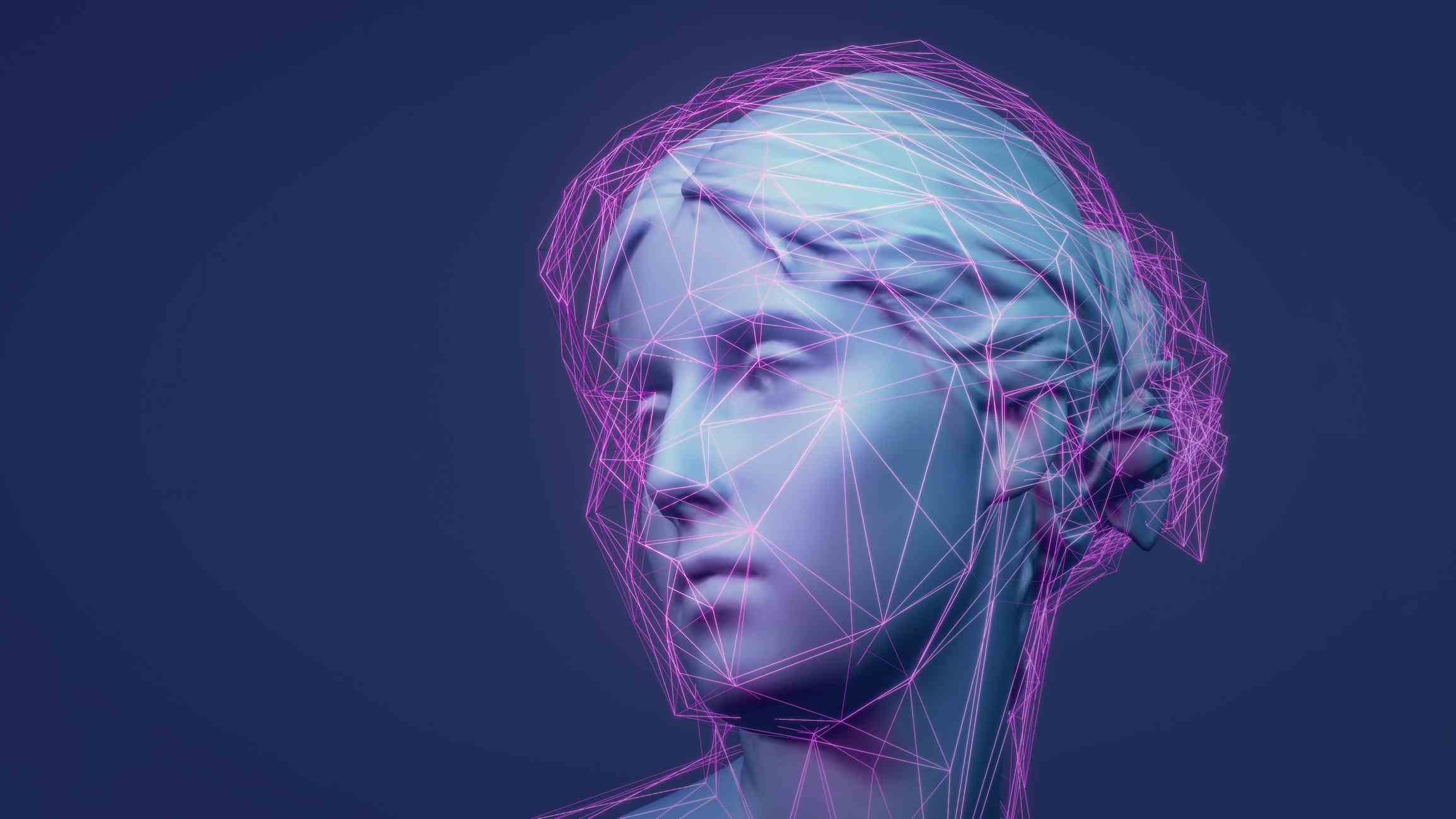 Sculpture classique en rendu 3D Avatar Metaverse avec réseau de lignes violettes brillantes low-poly.  Concept d'apprentissage automatique et d'intelligence artificielle.  Exemple d'illustration animée 3D NFT.  Fond de technologie Web 3.0.