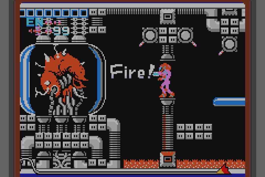 Une capture d'écran de NES Metroid, avec Samus face au Mother Brain.  Au-dessus est superposé le mot 