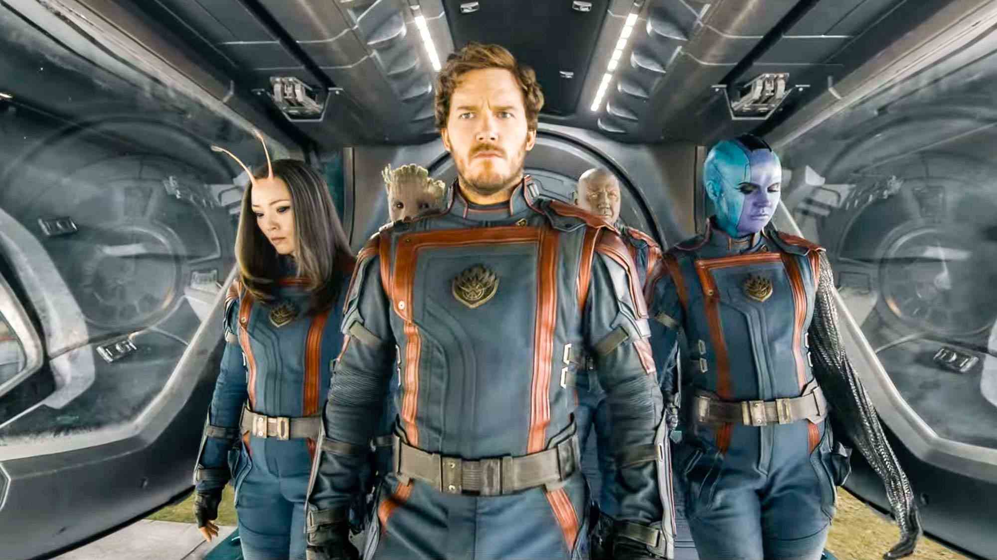 (De gauche à droite) Pom Klementieff comme Mantis, Chris Pratt comme Star-Lord et Karen Gillan comme Nebula dans Guardians of the Galaxy Vol.  3 remorque