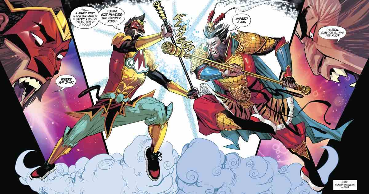 Marcus Shugel-Shen/le Prince Singe croise des portées avec Sun Wukong, le Roi Singe, chacun perché sur son propre nuage volant, dans une double page pleine de couleurs et de détails de costumes dans Monkey Prince #11 (2023). 