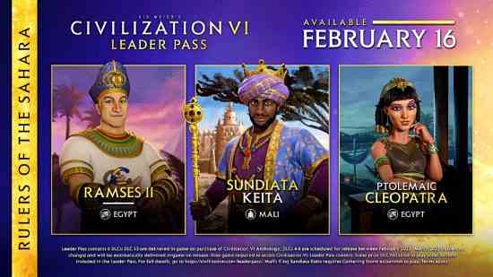 Civilization 6 Rulers of the Sahara DLC - graphique montrant Ramsès II, SUndiata Keita et Ptolemaic Cleopatra, avec une date de sortie du 16 février