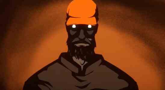 Silhouetted man with hollow, blank eyes and orange cap on burnt umber background