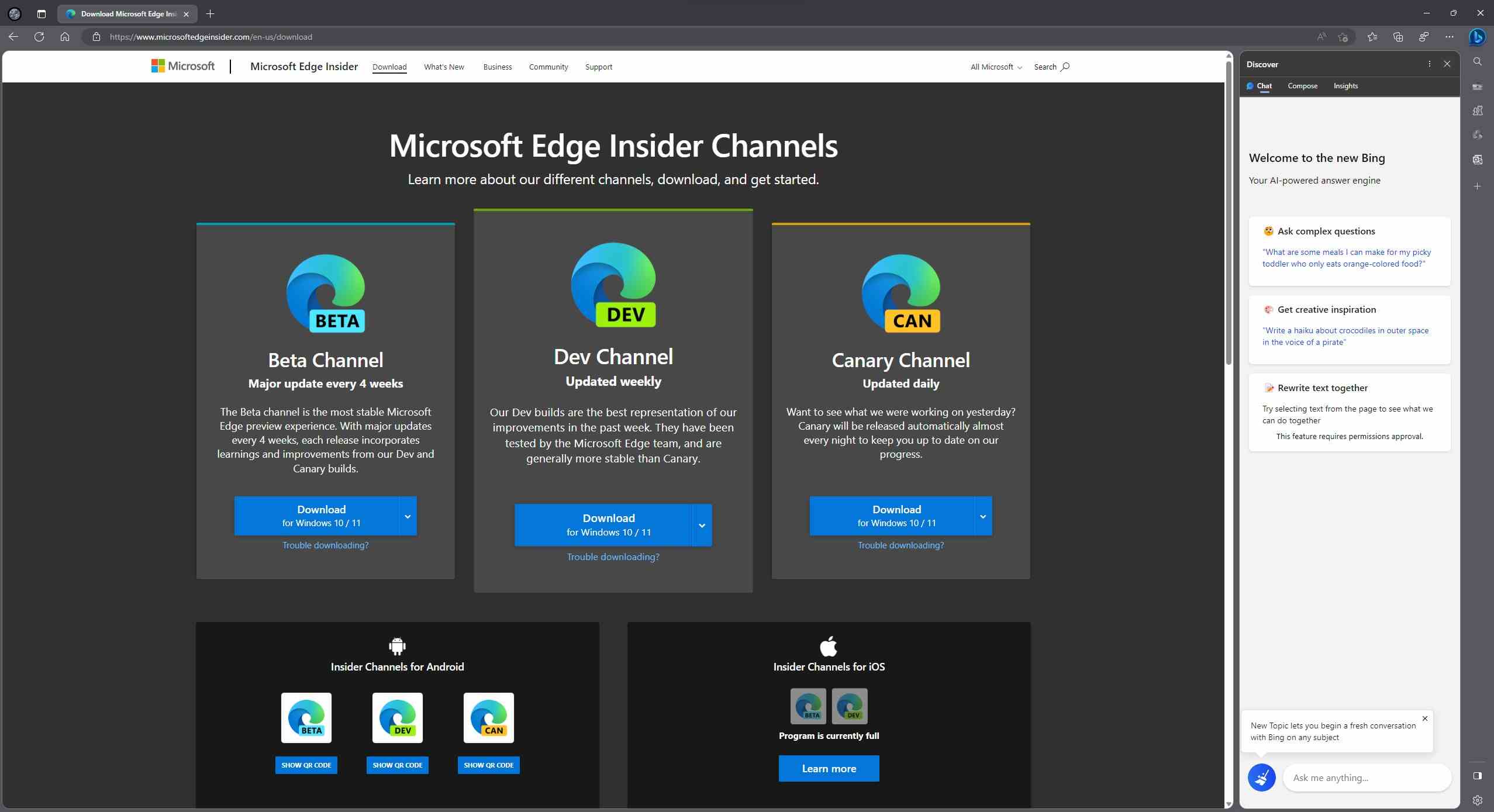 Site Web du programme Microsoft Edge Insider, où vous devez vous rendre si vous avez accès à Bing avec ChatGPT