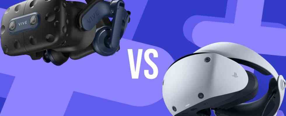 GamesRadar graphic background with the PSVR 2 and HTC Vive Pro 2 squared up with one another