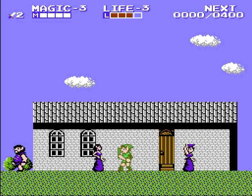 Link se promène dans une ville, où deux femmes et un homme se tiennent devant une maison de plain-pied de Zelda 2 : L'aventure de Link