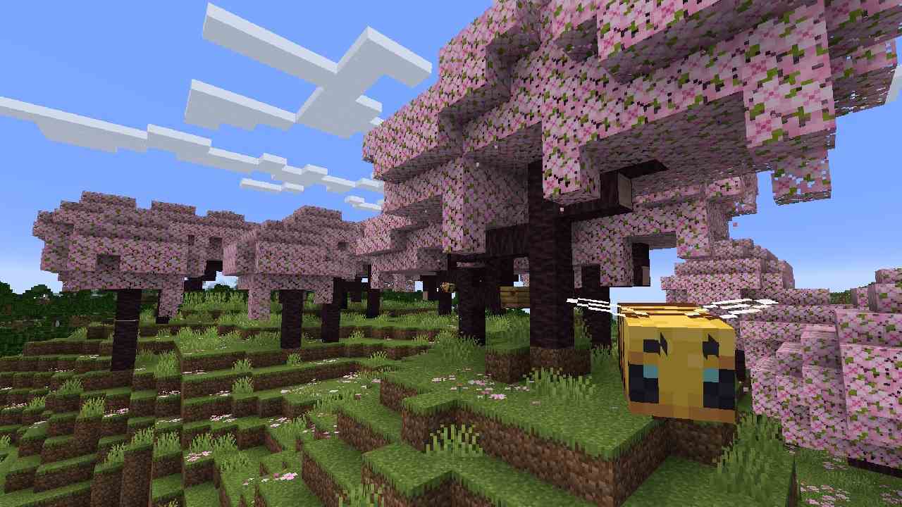 Minecraft - Une abeille flotte dans un biome de fleurs de cerisier
