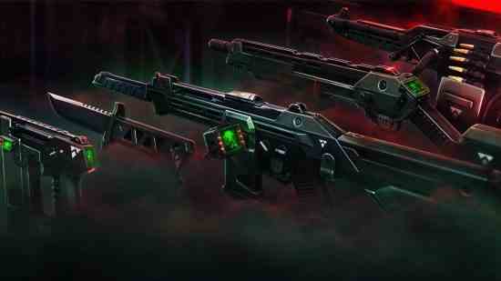 Une collection d'armes noires fantasmagoriques avec des incrustations vertes et un capteur montrant un corps