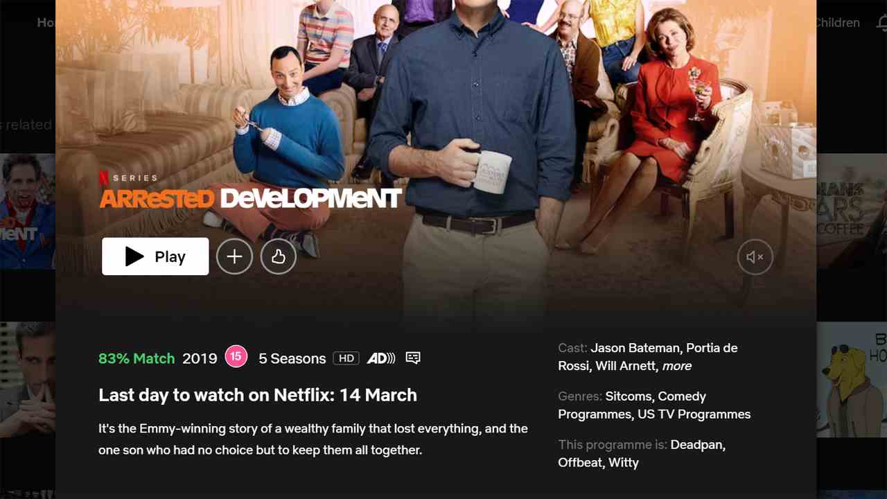 Une capture d'écran montrant Arrested Development quittera Netflix le 14 mars
