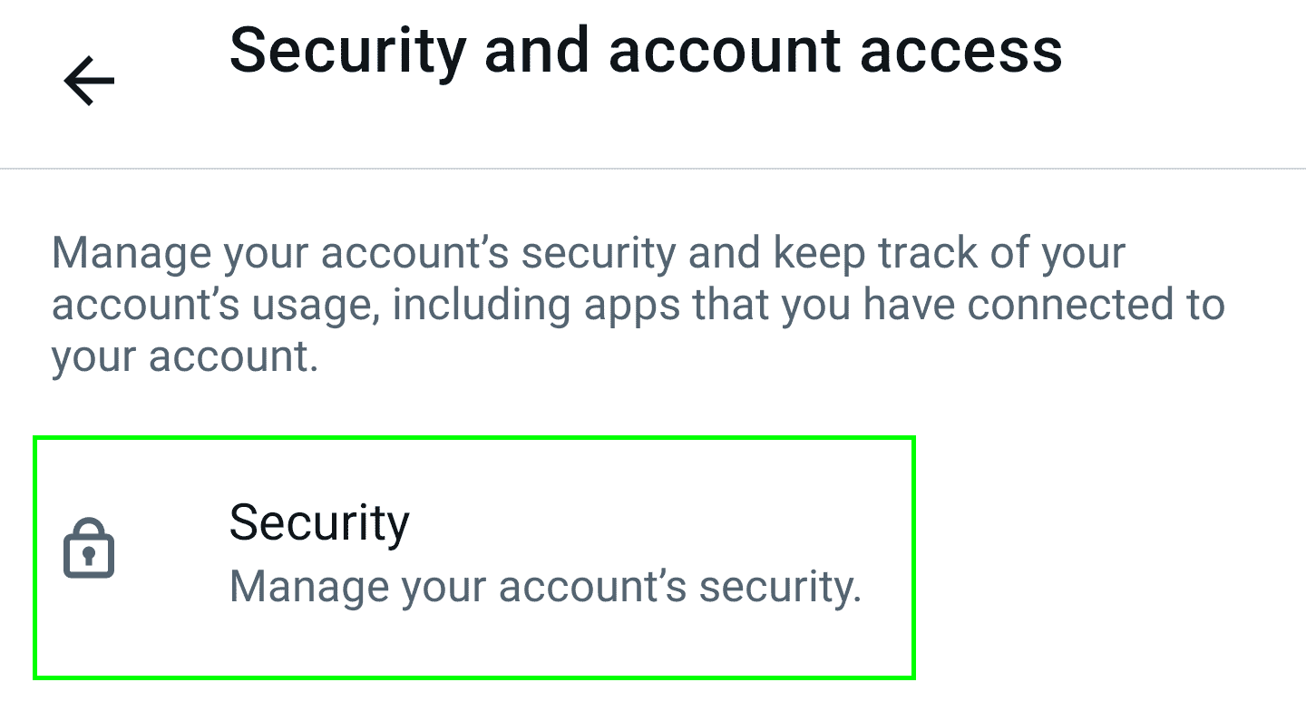 menu de sécurité et d'accès au compte twitter