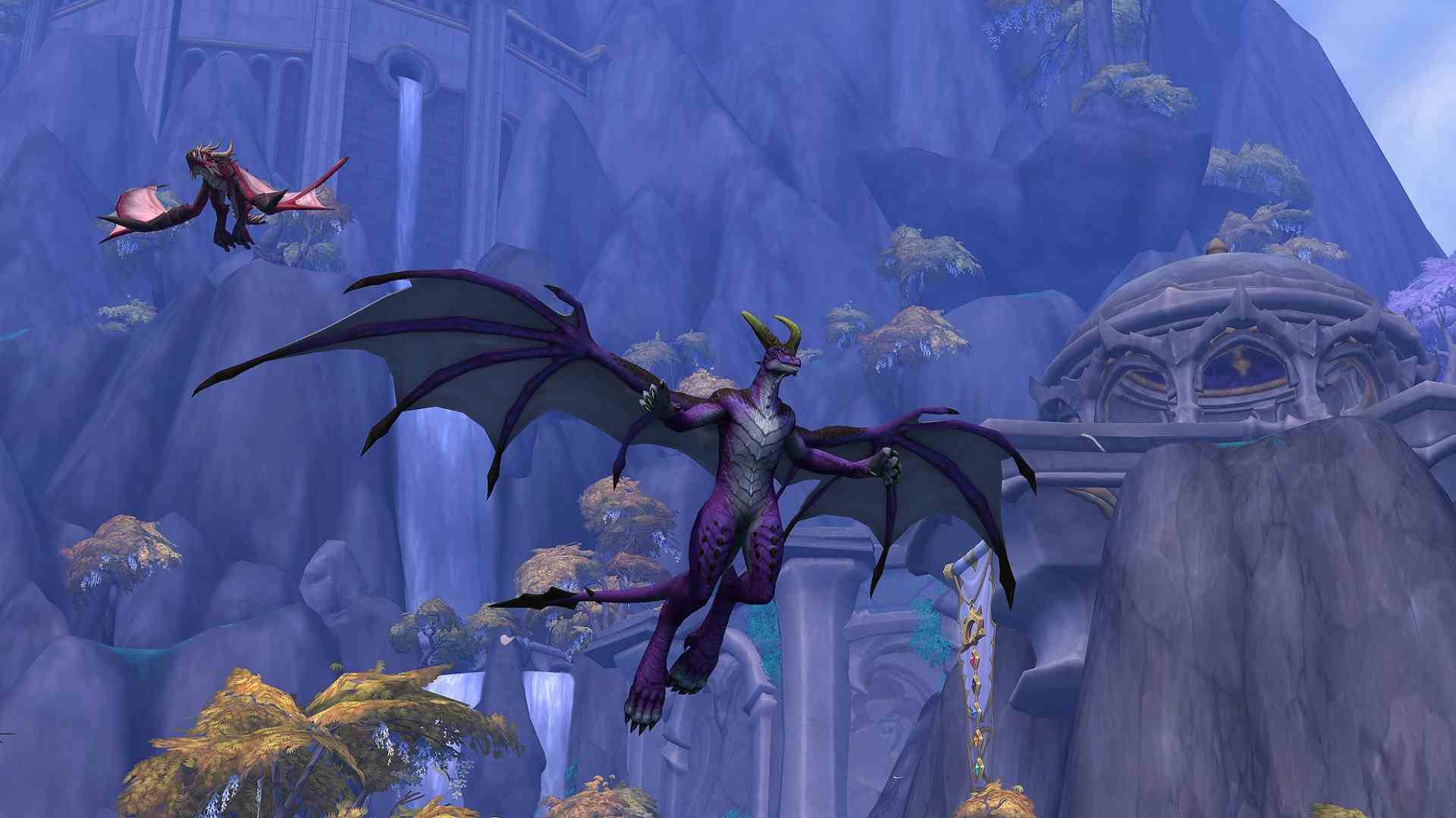 Capture d'écran de World of Warcraft : Dragonflight montrant un Dracthyr prenant son envol